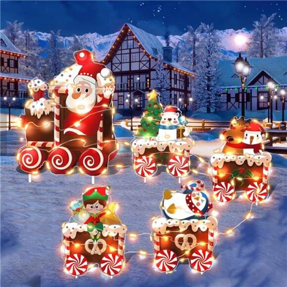 Christmas Train Decor Yard Signs with LED Lights Xmas Tree Santa Elf Snowman - Picture 1 of 7